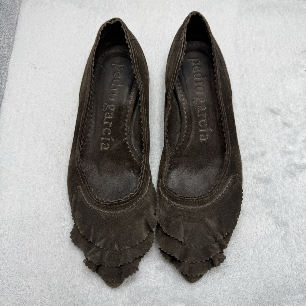 Pedro Garcia Women's EU 35.5 Brown Suede Pointed Toe Ruffle Flats Made Spain